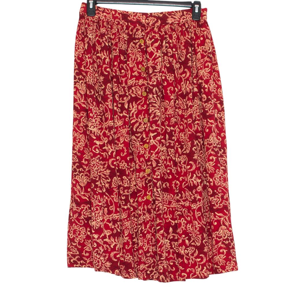 Vintage Maxi Skirt Floral Button Cottage Boho Prairie 90s Festival Red Large